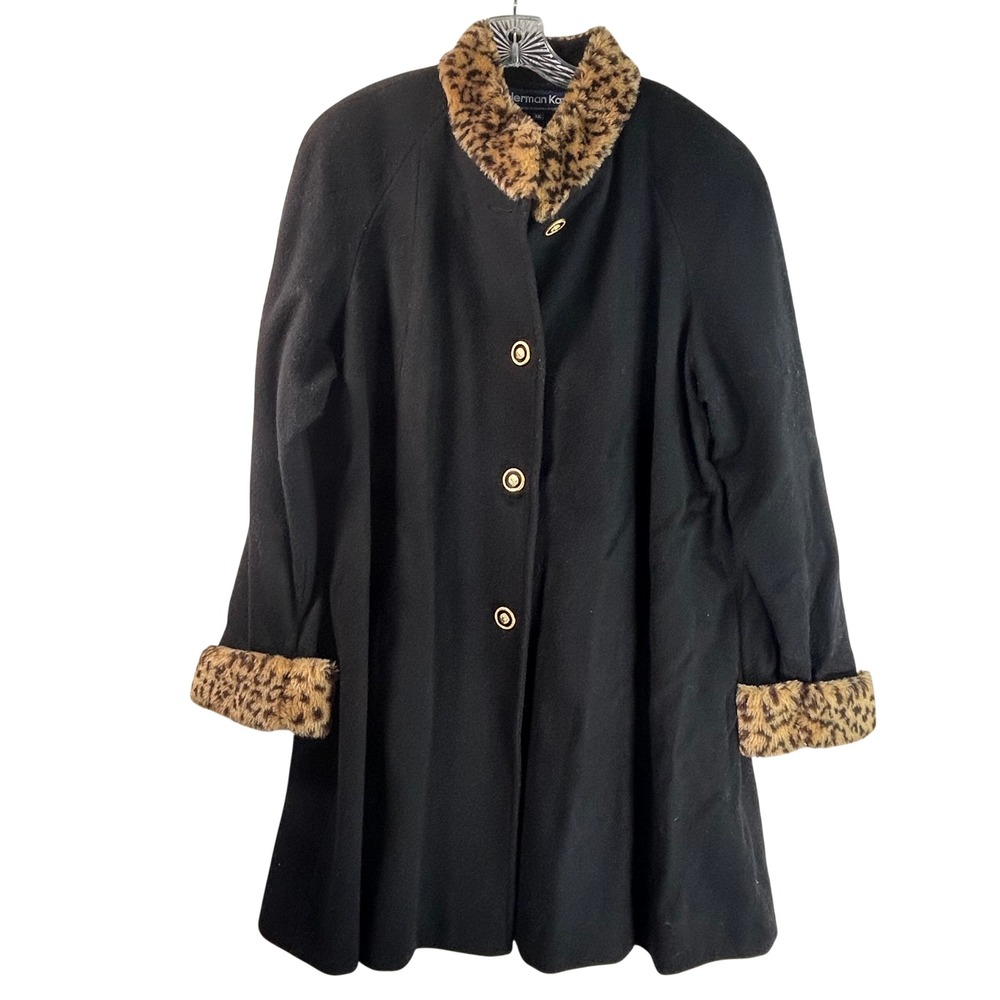 Herman Kay Vintage Black Wool Swing Coat Leopard Faux Fur Trim Plus 1X